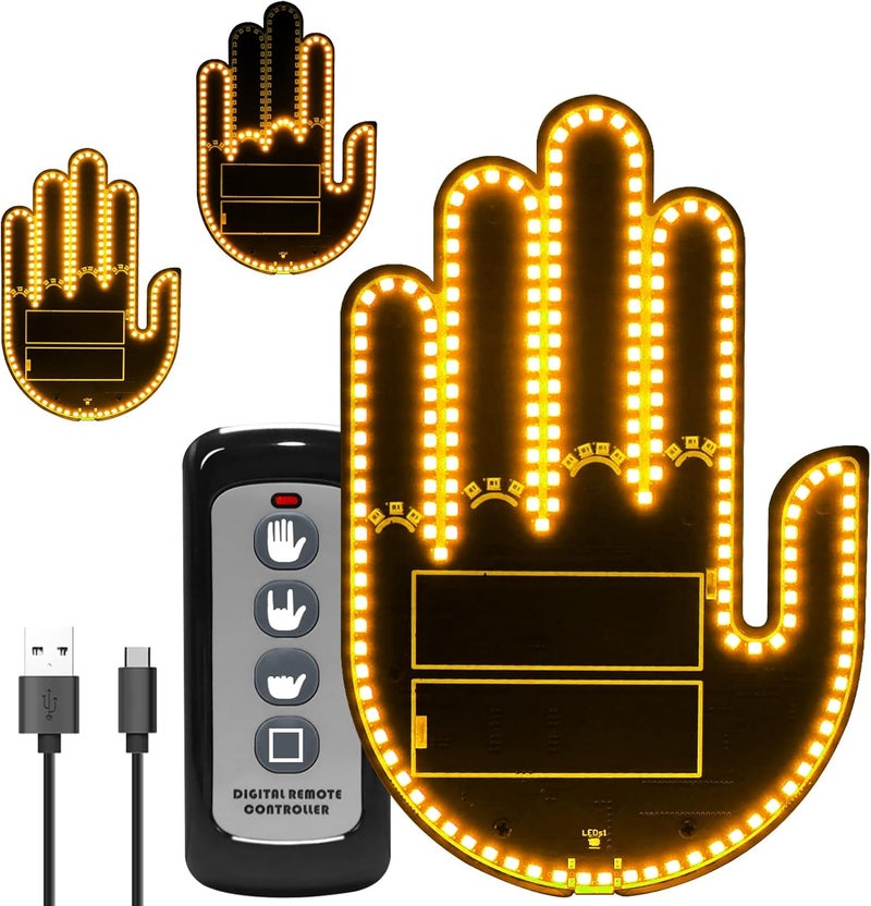 ISUNMEA Car Rear Glass Decorative Lights with Remote Control - Funny Car Finger Lights - Ideal Gift for Women Led Window Sign Light for Car Accessories (Yellow) - Image 1